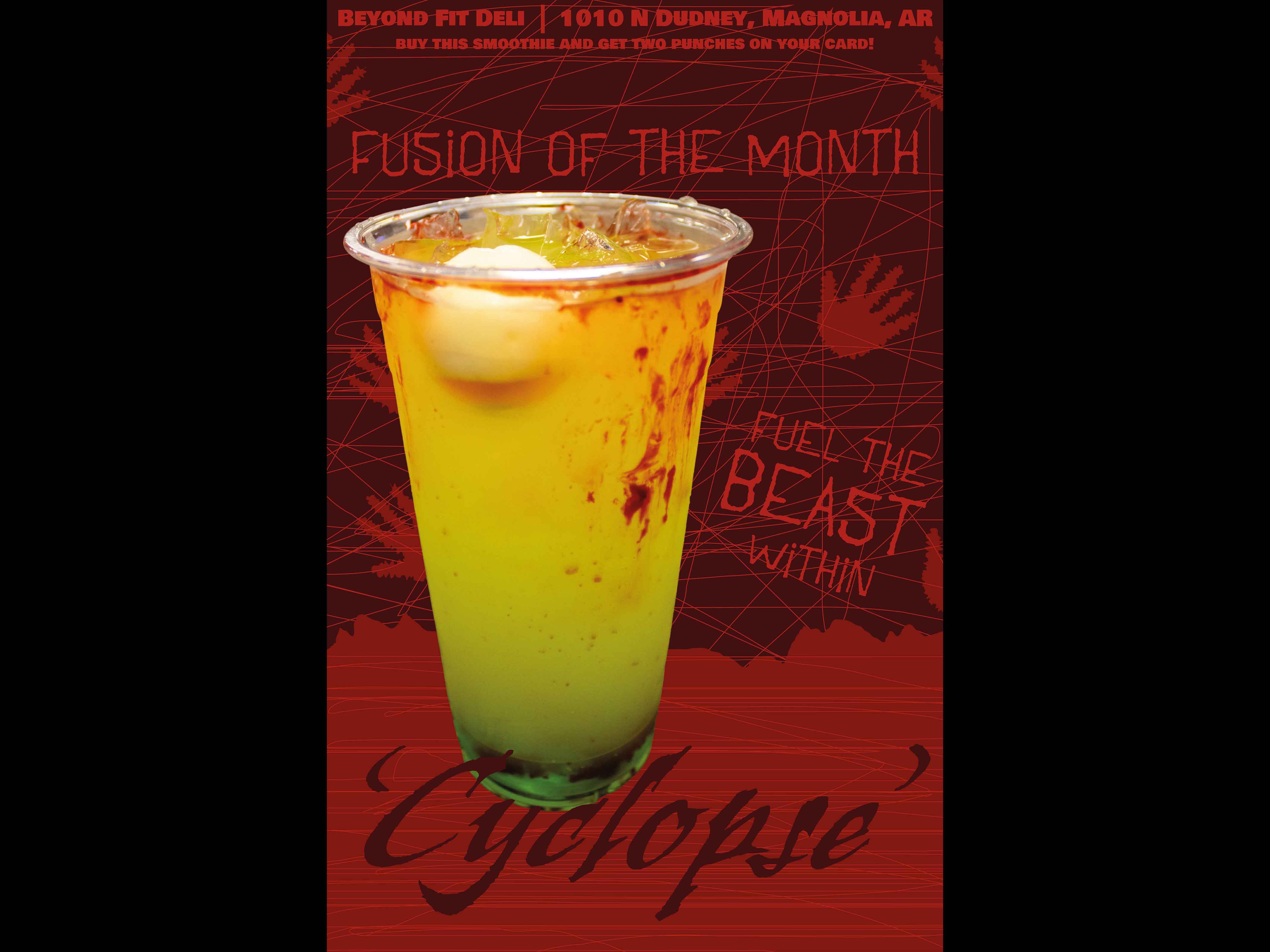 poster promoting beyind fit deli's cyclopse fusion